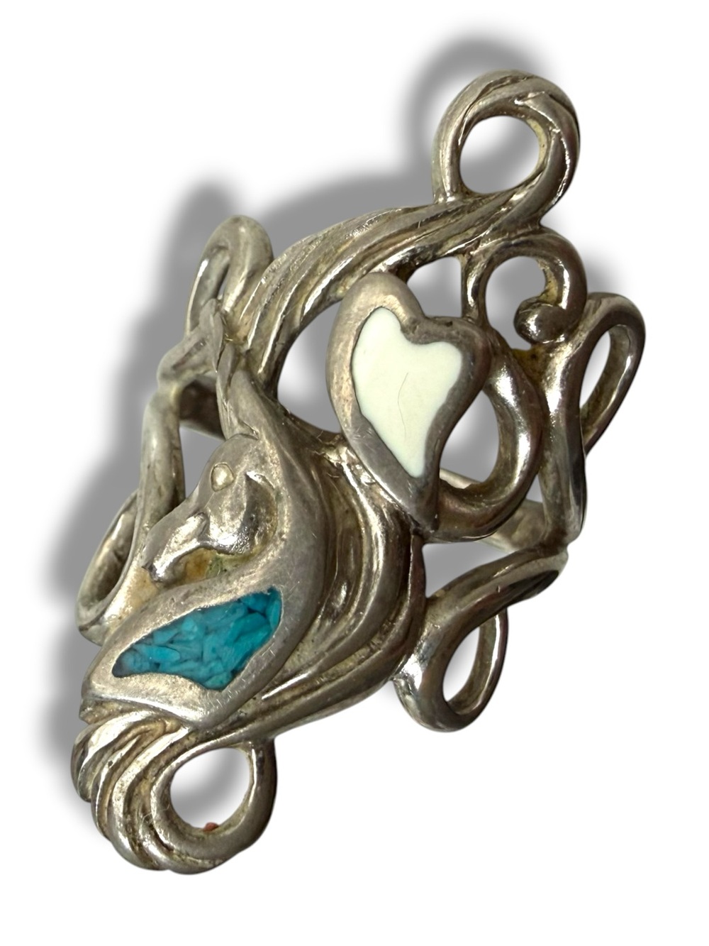 Sterling Silver Turquoise Inlay Heart Ring -unicorn boho stamped 85 size 4.5